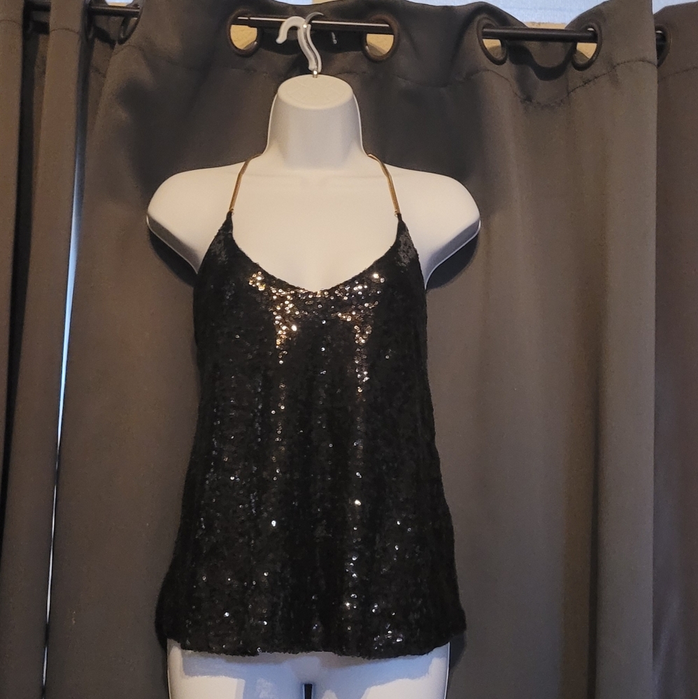 Black and Gold Chain Sequin Halter Top Sparkly Sequin Top